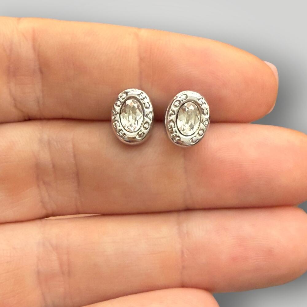 COACH Silver Tone Oval Crystal Stud Earrings Logo Signed